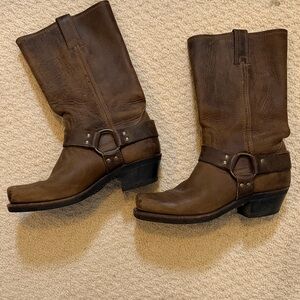 Frye Brown Leather Harness Heeled Boots